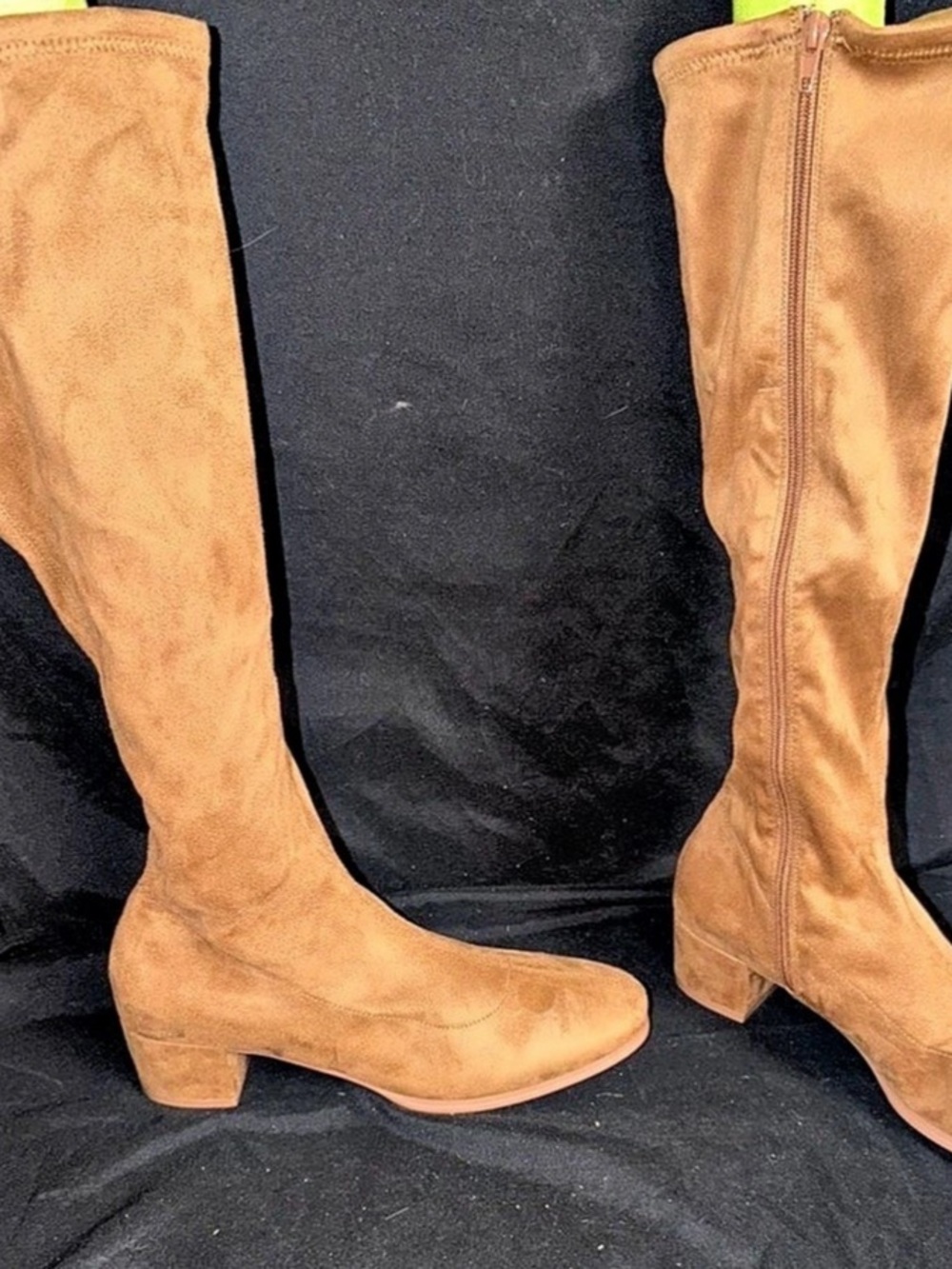 Chinese Laundry Faux Suede Stretch Knee-High Block Heel Boots Cognac Tan 8.5